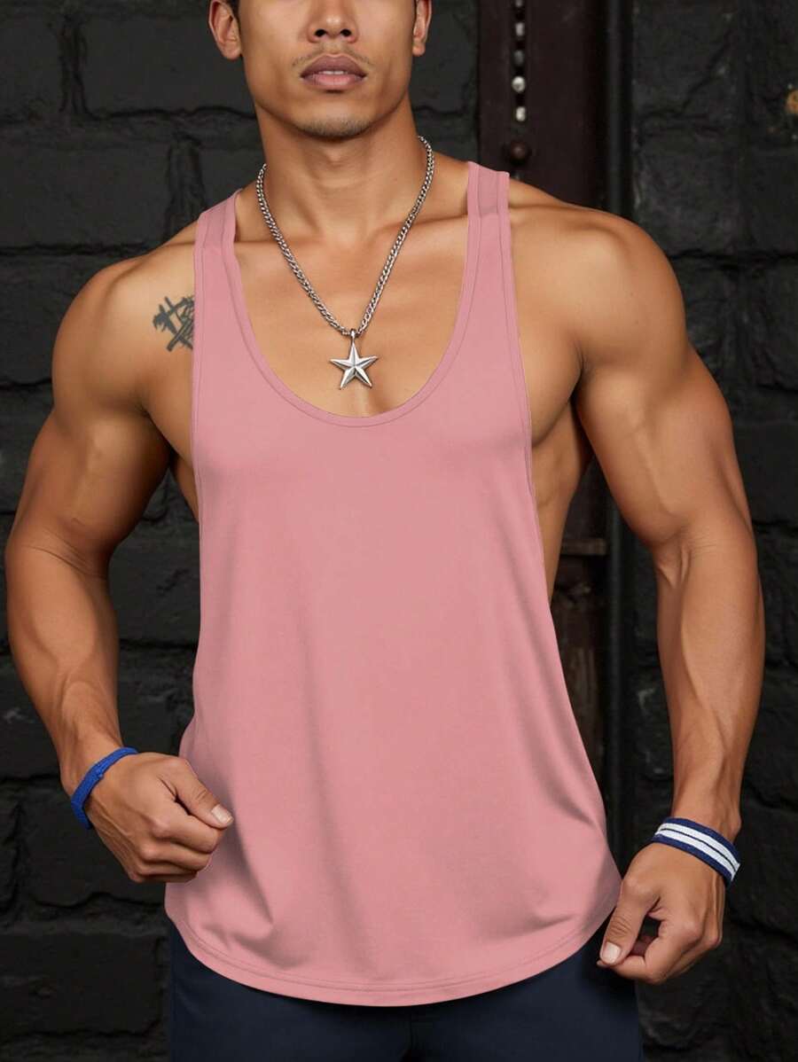 Manfinity Dauomo Men's Summer Solid Color Round Neck Casual Loose Tank Top - Pink - View 1