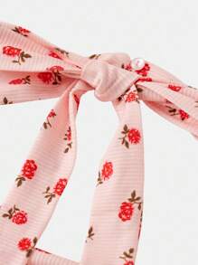 SHEIN Áo ba lỗ dệt kim nhún bèo trang trí nơ kỳ nghỉ giản dị cho bé gái tuổi mới lớn họa tiết hoa nhỏ nhắn ôm sát hông - Màu Hồng baby - Xem 4