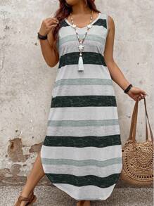 SHEIN PETITE Váy kẻ sọc thường ngày xuân/hè cỡ lớn cho nữ - Nhiều màu - Xem 6
