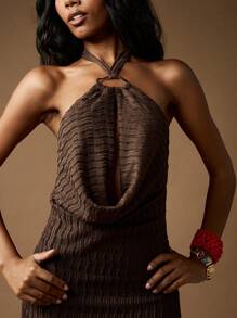 MISSGUIDED Elegant Knitted Maxi Dress Halter Neck Ruched Bodycon Evening Gown Formal Special Occasion Floor Length Ribbed Texture Form Fitting Holiday Party Dress - Brown - View 6