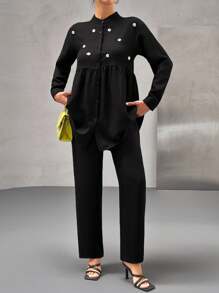EURMUSE Set de bluză și pantaloni cu detalii de perle pentru femei, asortat, ținută din 2 piese, fustă și pantaloni - Negru - Vizualizare 3