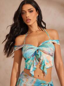 Hauture Women's Tie-Dye Printed Halter Twist Ruffle Hem Summer Beach Resort Style Cropped Top For Vacation, Summer, Beach Style - Multicolor - View 4