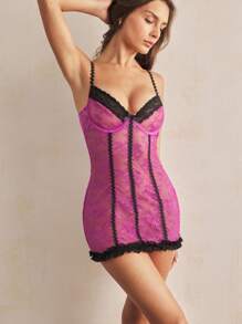 Charlaine Women's Romantic Sexy Sleepwear With Underwire, Princess Seam, Lace Patchwork, Contrast Color, Ruffle Hem, Lace, French/Italian Style - Purple - View 4