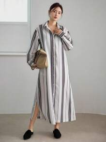 Dazy-Less Langarm gestreiftes Midikleid in lockerer Passform, Casual/Business Formelle Kleidung für Damen, Frühling/Sommer/Herbst