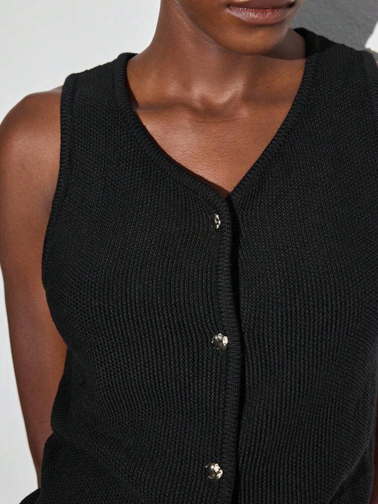 SHEIN Maija Blusa de punto sin mangas de cuello en V de un solo botonadura casual y pantalones vaqueros de pierna ancha para mujer, ropa de mujer para otoño