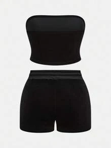 ROMWE J-Fashion Conjunto de 2 peças Y2K com letras de gato sexy e strass, decoração de veludo, top tipo bandeau e shorts de veludo com cordão na cintura, para mulheres - Preto - Ver 2