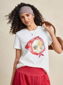 INAWLY Áo thun cổ tròn tay ngắn in hình chó đơn giản, giản dị dành cho nữ, thích hợp mặc vào mùa hè - trắng - Xem 5