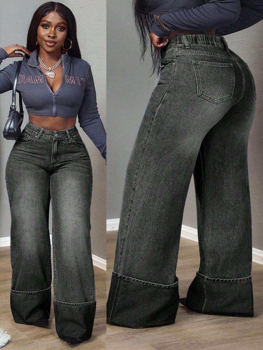 Slaydiva Plus Size Casual Washed High Waist Wide Leg Jeans,Fall Clothes For Women - Grey - View 1