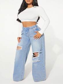 SHEIN SXY Plus Size Distressed Denim Jeans, Fashionable For Summer - Blue - View 4