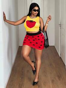 Maweii Bộ đồ dệt kim hai mảnh dáng ôm dáng cỡ lớn cho nữ, áo vest ngắn màu dâu tây + chân váy mini, màu trơn, xanh lá cây, bộ đồ len bó gợi cảm, trang phục dự tiệc mùa hè cho nữ - Nhiều màu - Xem 5