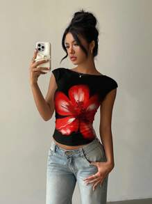 Aloruh Blusa corta con estampado floral y escote trasero para mujer