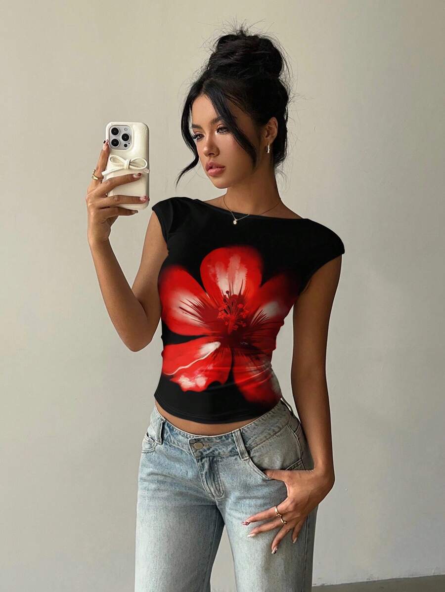Aloruh Blusa corta con estampado floral y escote trasero para mujer