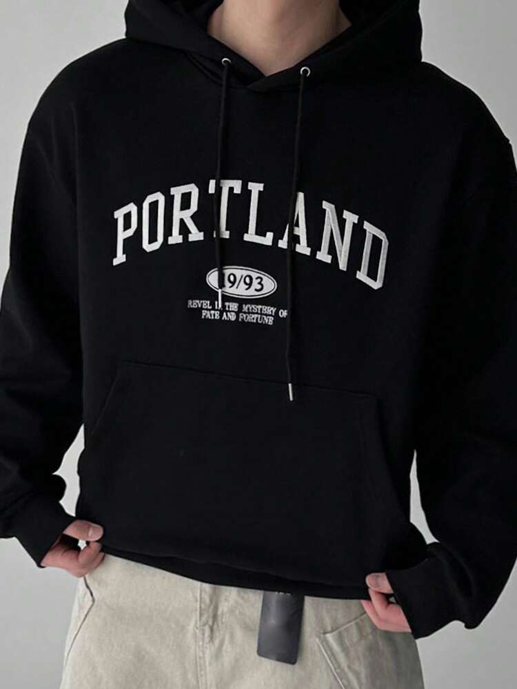 Autumn Letter Embroidery Men's Black Hoodie