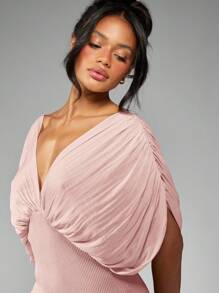 MISSGUIDED Vestido elegante de gala largo con caída, vestido de noche con plisado en el escote, escote pronunciado, mangas tipo murciélago, abertura lateral, para fiestas, bodas, ocasiones especiales