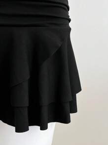 SHEIN Unity 2pcs/Set Casual Black Halter Tank Top And Mini Skirt Outfit, Vacation Style, Spring/Summer, For Going Out - Black - View 5
