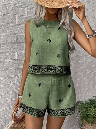 SHEIN LUNE 2pcs Women Floral Print Round Neck Sleeveless Shirt And Shorts Casual Set, Perfect For Vacation