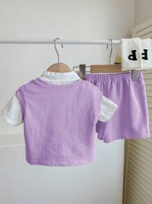 3-teiliges Lässig-Set für Baby Jungen: lila & weiße ärmellose Weste, Kurzarmhemd mit Kragen, Shorts - vielseitiges Outfit für Schule, Outdoor, Zuhause