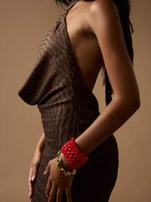 MISSGUIDED Elegant Knitted Maxi Dress Halter Neck Ruched Bodycon Evening Gown Formal Special Occasion Floor Length Ribbed Texture Form Fitting Holiday Party Dress - Brown - View 4