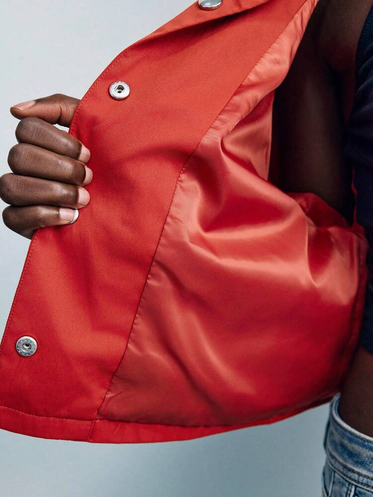 SHEIN Maija Women's Casual Color Block Collar Jacket, Suitable For Spring/Autumn Cropped Jacket Orange Jacket Western Jacket Women Women Orange Shirt Western Shirt Women Red Cropped Jacket,Fall Women Clothes