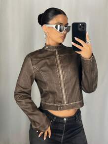 SHEIN ICON Women's Zip Front Stand Collar Fashion PU Leather Long Sleeve Jacket Fall Women Clothes