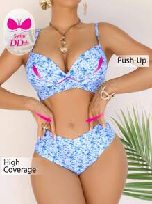 Swim DD+ 2pcs/Set Women Summer Random Floral Print Strap Push-Up Gather Underwire Top And High Waist Bikini Bottom
