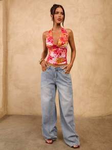 SHEIN BAE Áo crop top hở lưng in họa tiết hoa gợi cảm cho nữ khi đi nghỉ - Đỏ - Xem 3