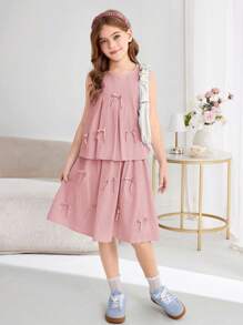 SHEIN Tween Girls Comfortable Solid Color Sleeveless Top And Mini Skirt 2-Piece Set - Dusty Pink - View 4