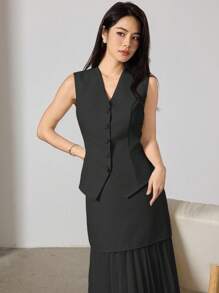 Heiryn Bộ 2 món áo vest trơn màu thanh lịch và chân váy xếp ly cho nữ - màu đen - Xem 6