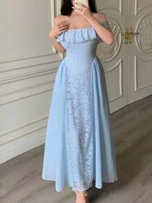 Modelyn Damen Chiffon Kleid mit Spitzeneinsätzen, carmen-Ausschnitt und geschmückter Taille für den Sommer