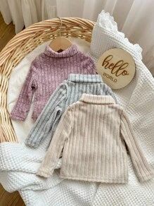 3pcs/Set Baby Girls Knitted Solid Color Turtleneck Long Sleeve Autumn Winter Top Undershirt, Casual - Multicolor - View 2