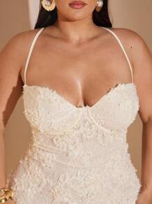 SHEIN BAE 夏季女式提花修身长款细肩带连衣裙 - 杏色 - 查看 5