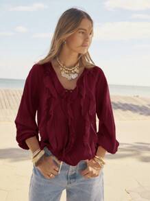 Aralina Ruffled V-Neck Long Sleeve Front Tie Blouse