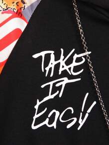 SHEIN Young Boy Graphic Print Short Sleeve Contrast Raglan Sleeve Hoodie And Shorts Set, Suitable For Summer Getaway, Holiday, Travel, Relax, Sunbathing - Black - View 4