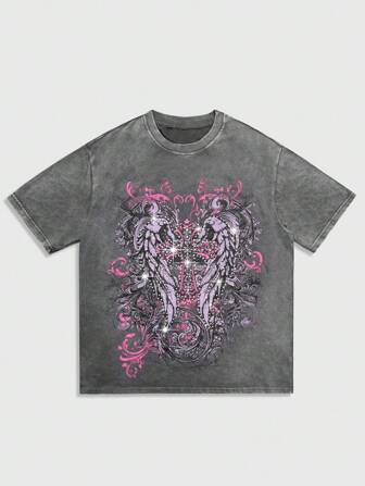 Street Life Camiseta casual de verano para hombres con estampado retro y decoración de rhinestones, estilo de los 2000