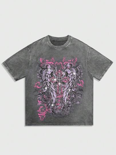 Street Life Camiseta casual de verano para hombres con estampado retro y decoración de rhinestones, estilo de los 2000