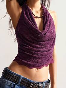 Bohemela Casual Solid Color Lace-Up Backless Draped Neck Women Top Purple Cowl Neck Top Draped Top Purple Top Women Dark Purple Top