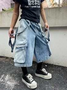 Manfinity EMRG 男士休闲街头时尚口袋阔腿牛仔短裤 - 淺色水洗藍 - 查看 6