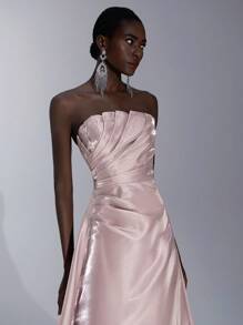 Elitara Minimalist Futuristic Liquid Satin Pleated A-Line Hem Banquet Dress, Light Dress, Formal Dress - Dusty Pink - View 4