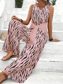 Chiquease V领扭结吊带全身印花阔腿连体裤，适合大学生穿着。 - 粉色 - 查看 6
