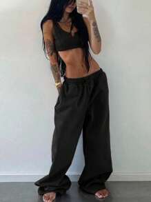 INAWLY Bộ 2 chiếc áo yếm ngắn gợi cảm màu trơn cho nữ và quần ống rộng - màu đen - Xem 3