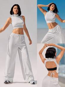 GLOWMODE Top de tirantes sin espalda con cuello alto de encaje, elástico, reflectante y transpirable, de nailon, para baile, yoga, pilates, barre y uso diario casual, de bajo impacto - Gris Claro - Ver 9
