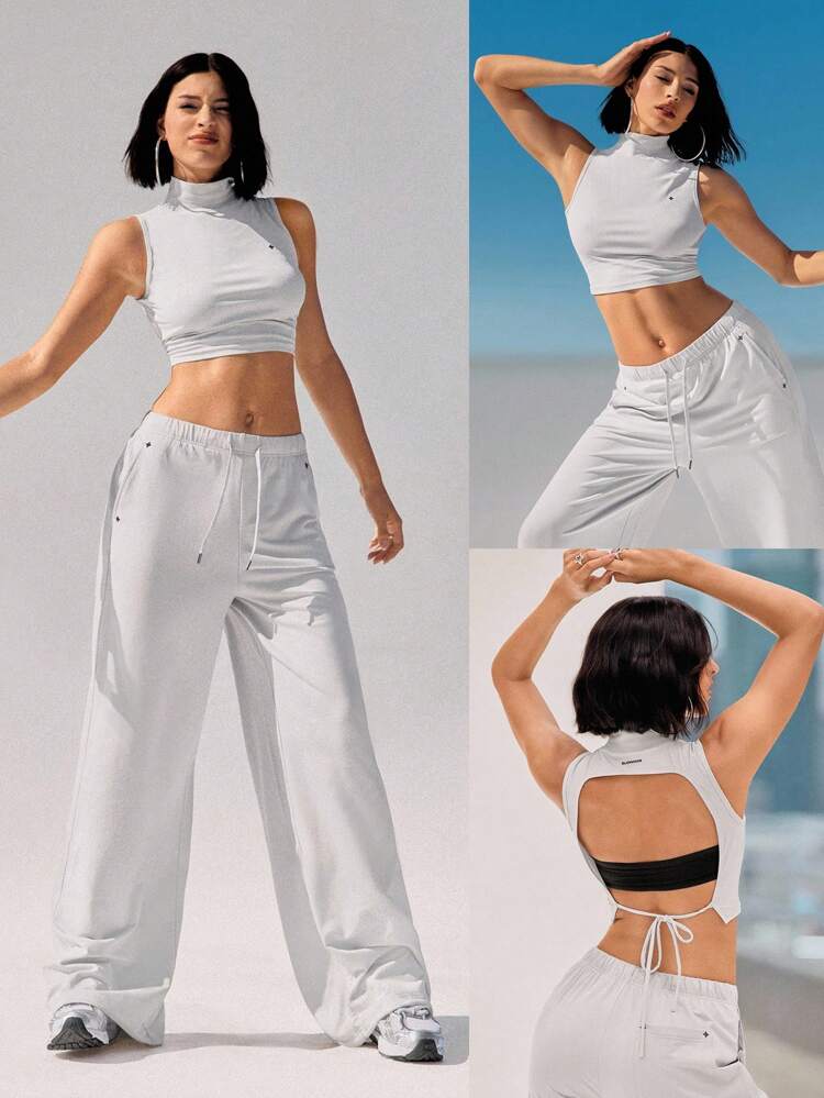 ナイロン製 ビッグムーブ ストレッチ 反射素材 通気性 オープンバック クロップド ハイネック レースアップタンクトップ ローインパクト ダンス ヨガ ピラティス バー スタジオ デイリーカジュアル ウェア