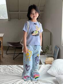 SHEIN Explorewe Denimly Girls Casual Daily Urban Street Cute Graphic Decorative Distressed Design Simple Versatile Jeans - Medium Wash - View 5