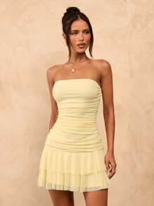 SHEIN BAE 春夏纯黄色奶油色露肩褶饰紧身迷你连衣裙，带荷叶边下摆，可爱夏装，早午餐连衣裙，黄色连衣裙