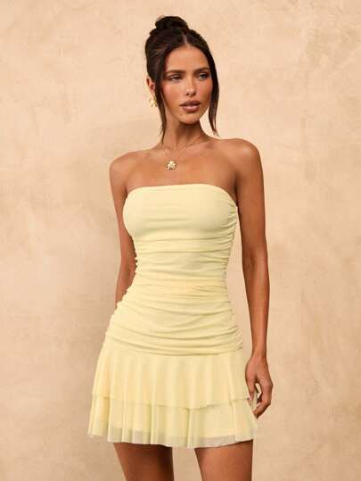 SHEIN BAE Women's Pale Yellow Summmer Girly Night Out Strapless Ruched Bodycon Mini Dress,Solid Cream Ruffle Hem,Cute Brunch Dress,Valentine Outfits For Women