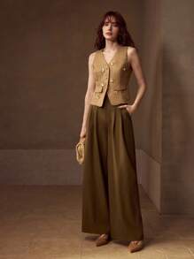 MOTF PREMIUM STEREO FLORAL SEQUINS BUTTON UP WAISTCOAT - Khaki - View 4