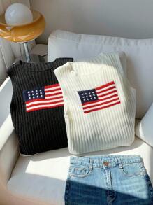 Comfortcana Women Usa 4th Of July Casual Knitted Sweater Vest  Top,2pcs,Suitable For Daily Street Wear 
Casual And Versatile