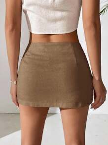 Comfortcana Falda mini de lino informal de cintura baja y corte evasé de unicolor para el verano, para mujer - Camel - Ver 2