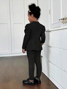 2 件套年轻女孩和年轻女孩纹理腰带毛衣和针织紧身裤，休闲秋冬装 - 黑色 - 查看 2