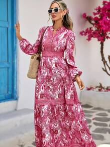 Vivid Eden 女士度假腰果花印花深V领灯笼袖连衣裙 - 粉色 - 查看 3
